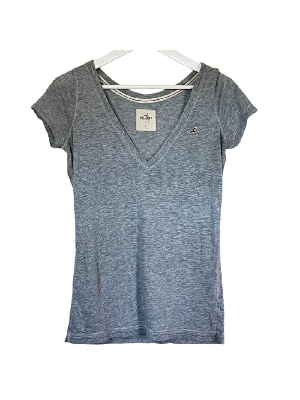 Vintage Hollister Shirt Y2K Short Sleeve V Neck Gray WomenSz L Logo 90s 2000s - Picture 1 of 10